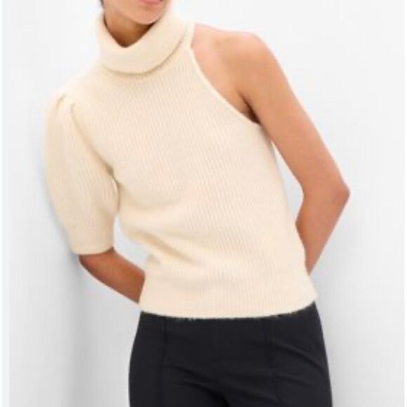 Gap One Shoulder Turtleneck wool blend Sweater ribbed cream sz M - Picture 1 of 9